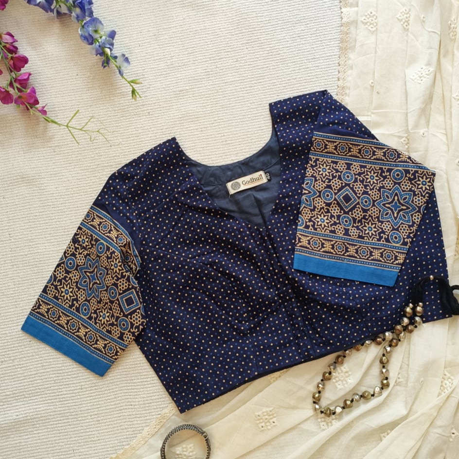 Navy Blue Dotted Gamathi Readymade Blouse | Godhuli