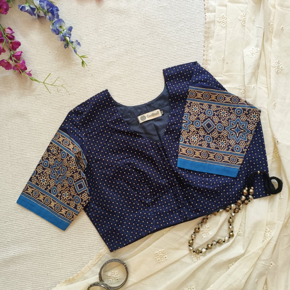 Navy Blue Dotted Gamathi Readymade Blouse | Godhuli