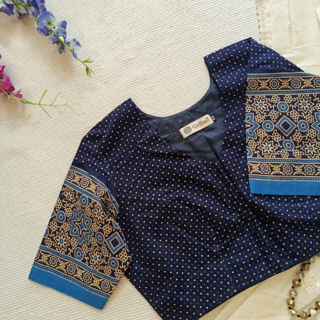 Navy Blue Dotted Gamathi Readymade Blouse | Godhuli