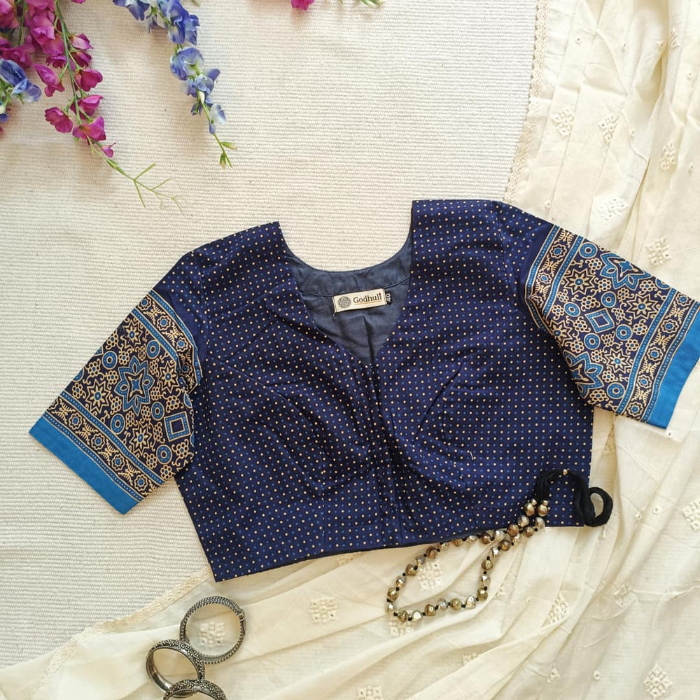 Navy Blue Dotted Gamathi Readymade Blouse | Godhuli