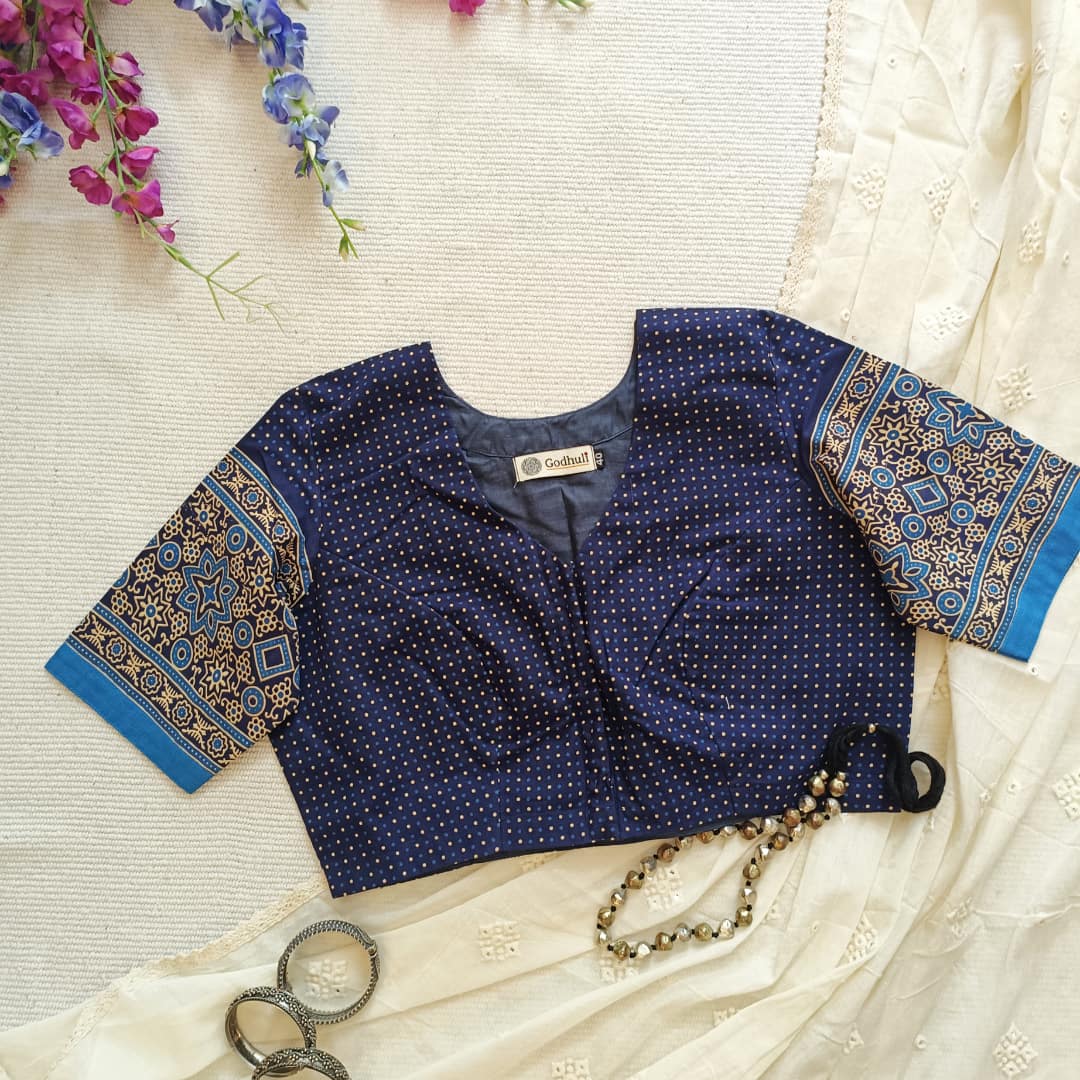 Navy Blue Dotted Gamathi Readymade Blouse | Godhuli