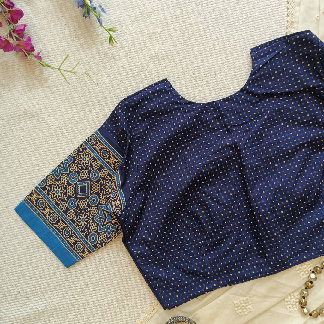 Navy Blue Dotted Gamathi Readymade Blouse | Godhuli