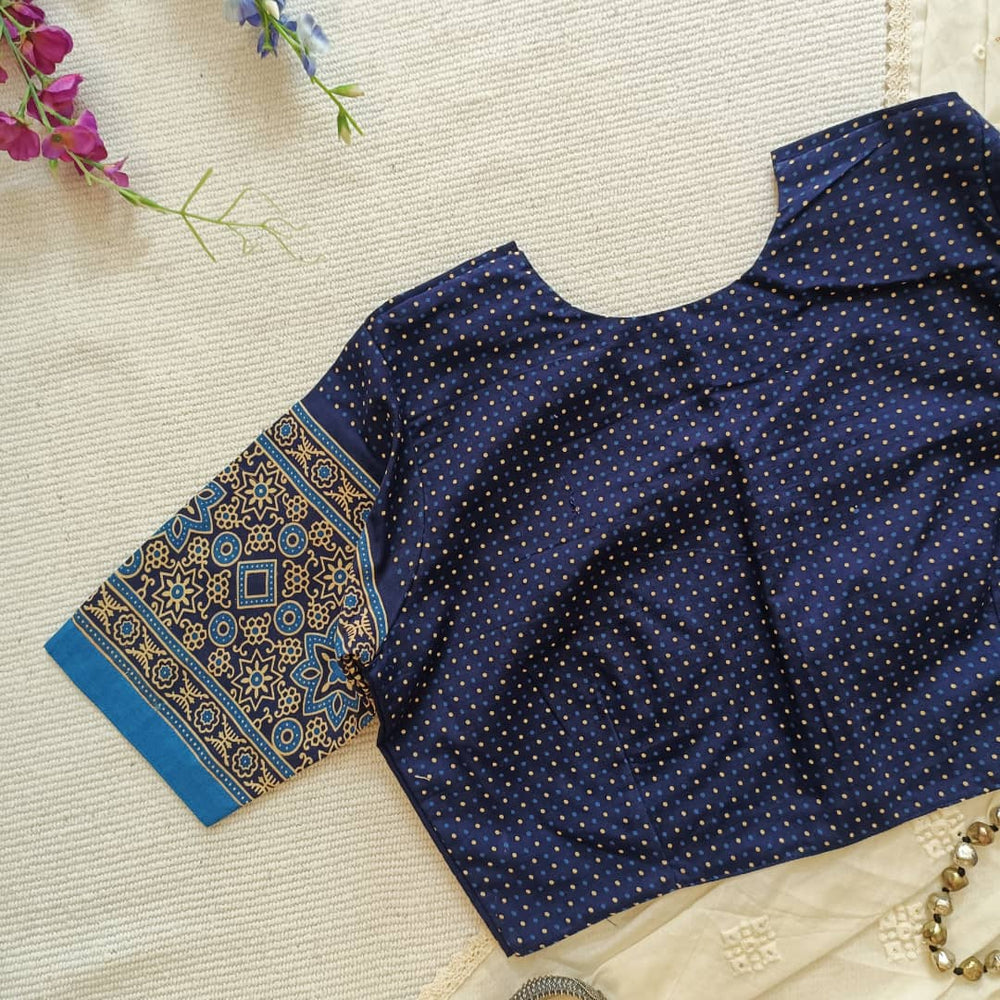 Navy Blue Dotted Gamathi Readymade Blouse | Godhuli