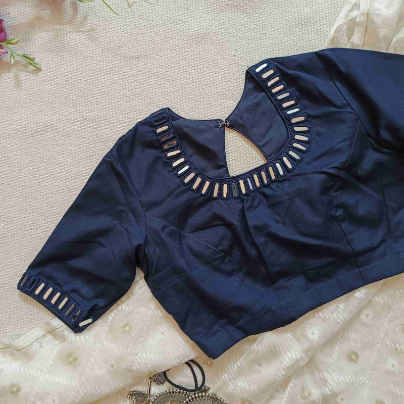 Navy Blue Flex Cotton Mirror Work Readymade Blouse | Godhuli