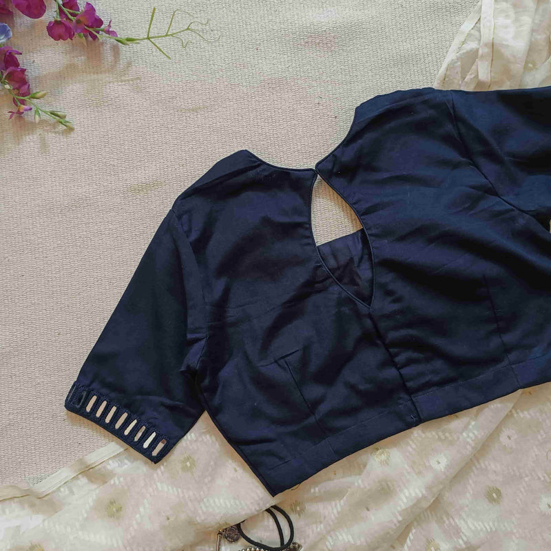 Navy Blue Flex Cotton Mirror Work Readymade Blouse | Godhuli