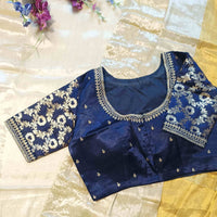Navy Blue Gaji Silk Brocade Sleeves Aari Work Readymade Blouse | Godhuli