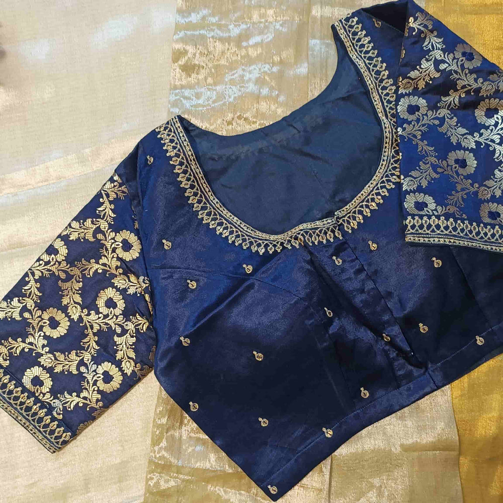 Navy Blue Gaji Silk Brocade Sleeves Aari Work Readymade Blouse | Godhuli