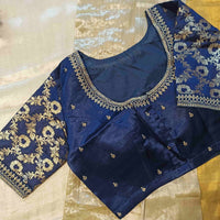 Navy Blue Gaji Silk Brocade Sleeves Aari Work Readymade Blouse | Godhuli