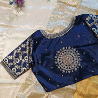 Navy Blue Gaji Silk Brocade Sleeves Aari Work Readymade Blouse | Godhuli