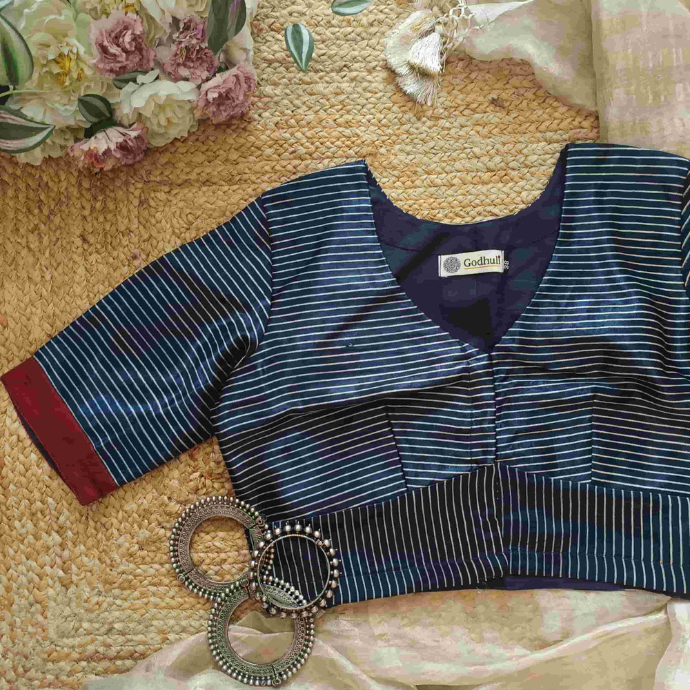 Navy Blue Gaji Silk Stripes Readymade Blouse | Godhuli