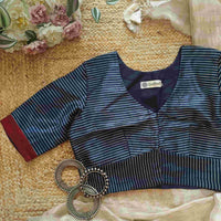Navy Blue Gaji Silk Stripes Readymade Blouse | Godhuli