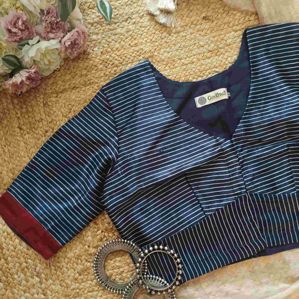 Navy Blue Gaji Silk Stripes Readymade Blouse | Godhuli