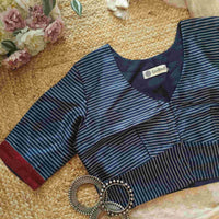 Navy Blue Gaji Silk Stripes Readymade Blouse | Godhuli