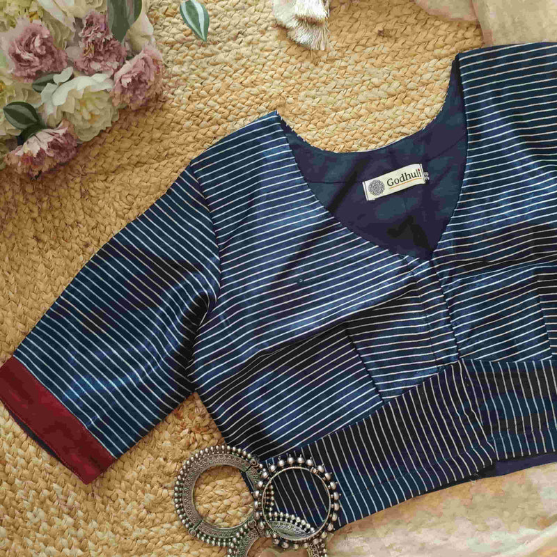 Navy Blue Gaji Silk Stripes Readymade Blouse | Godhuli