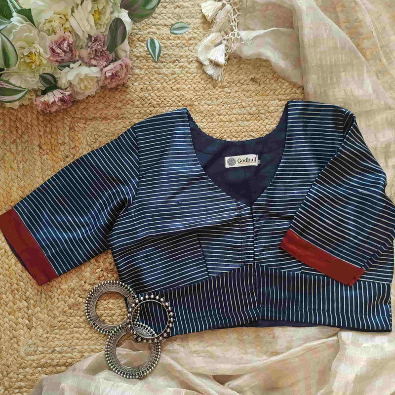 Navy Blue Gaji Silk Stripes Readymade Blouse | Godhuli