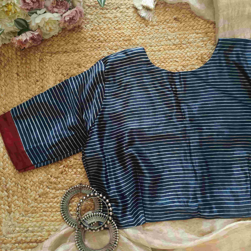 Navy Blue Gaji Silk Stripes Readymade Blouse | Godhuli