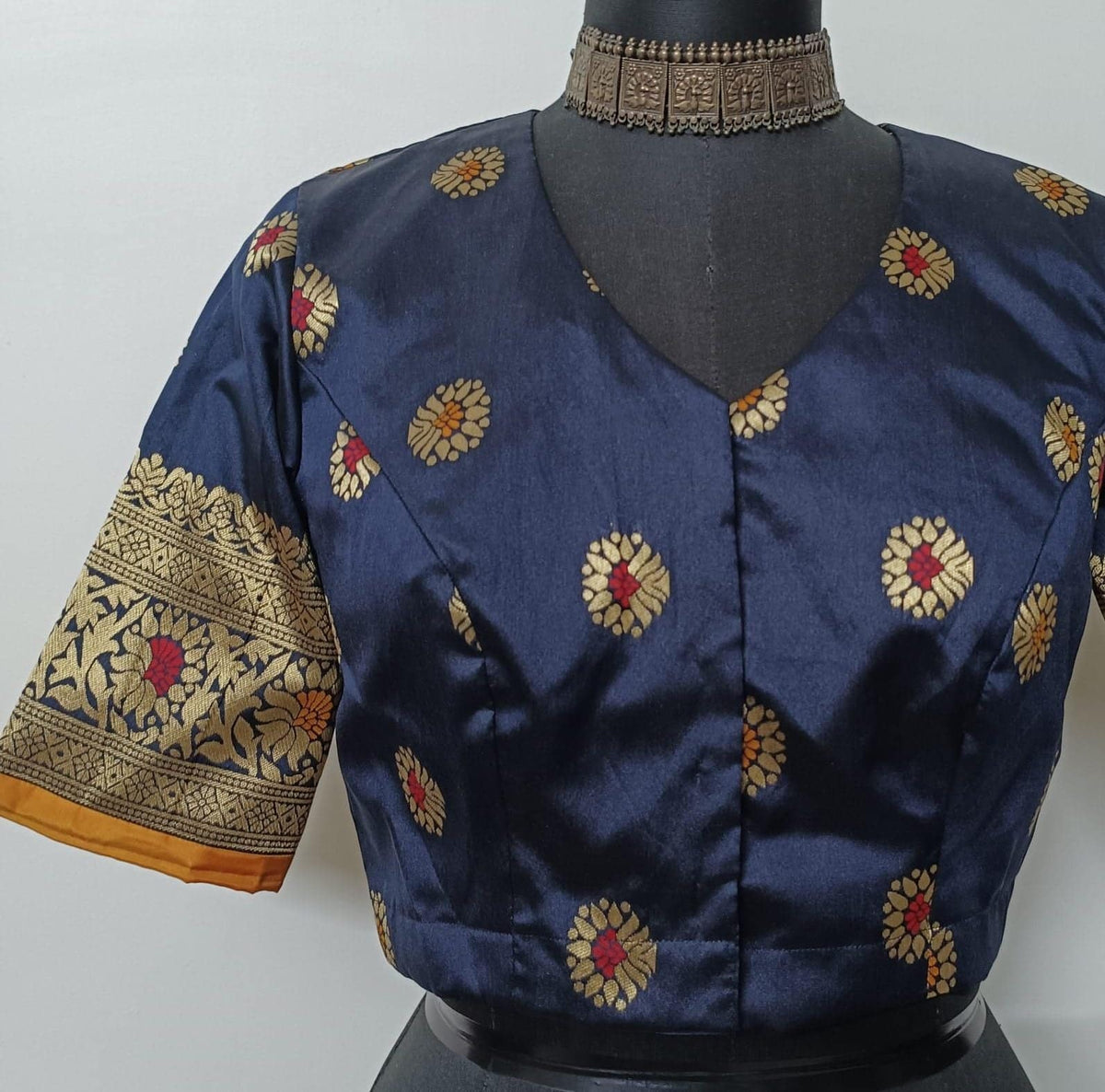 Navy Blue Semi Silk Brocade Readymade Blouse | Godhuli
