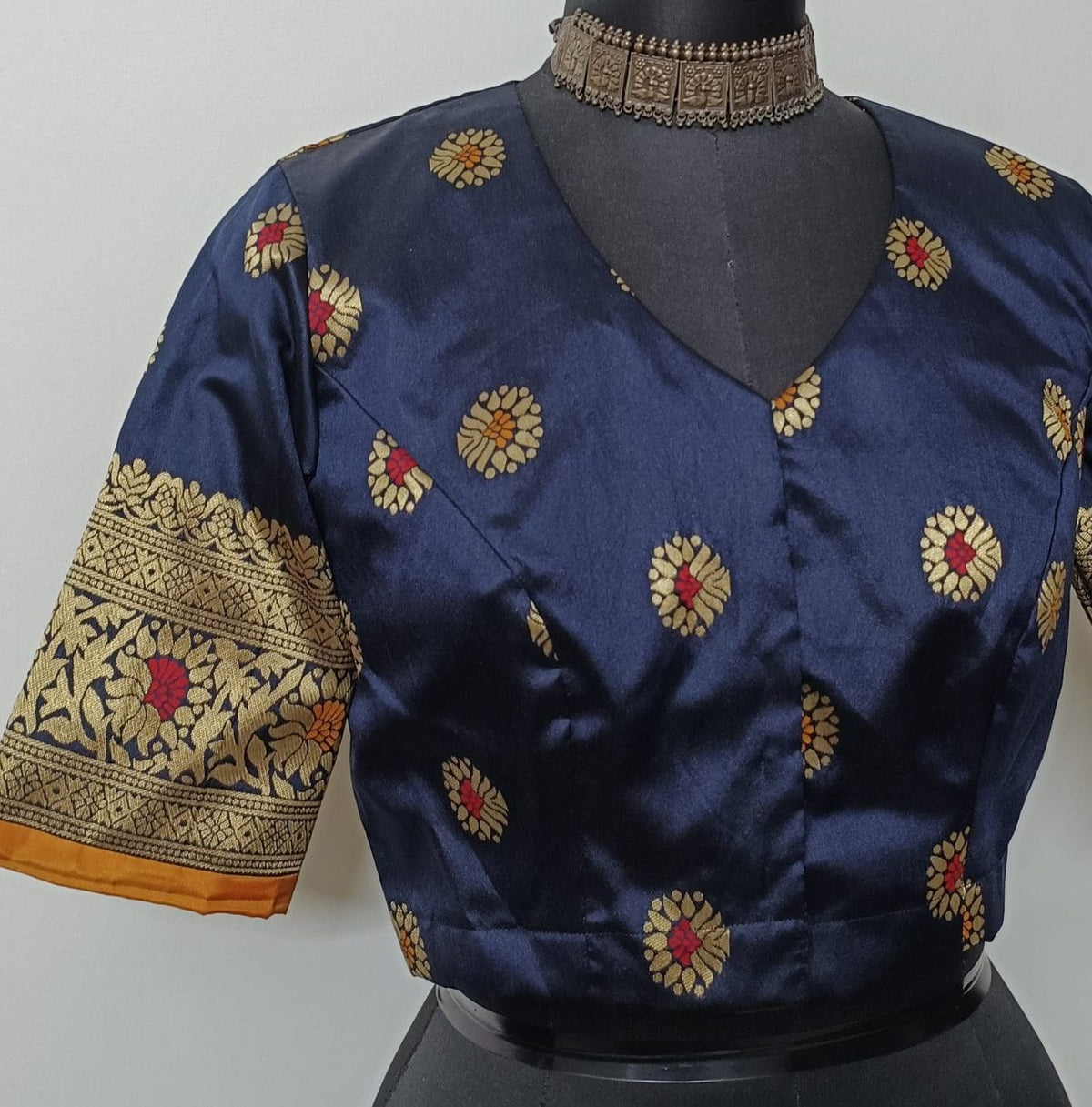 Navy Blue Semi Silk Brocade Readymade Blouse | Godhuli