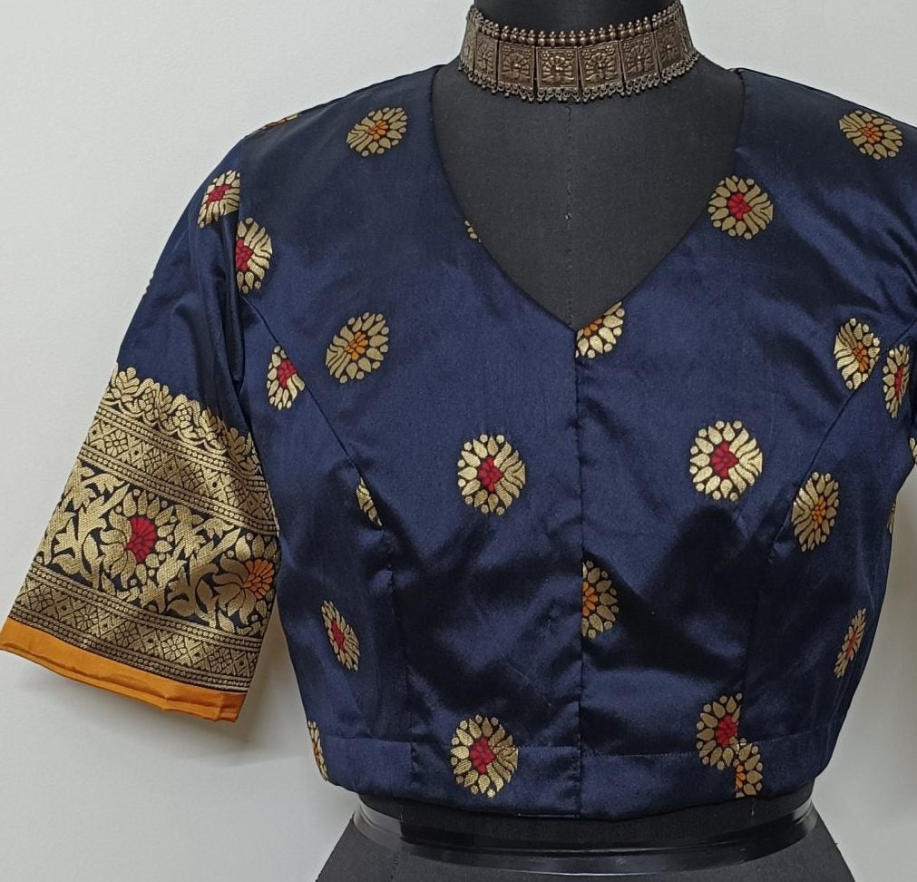 Navy Blue Semi Silk Brocade Readymade Blouse | Godhuli