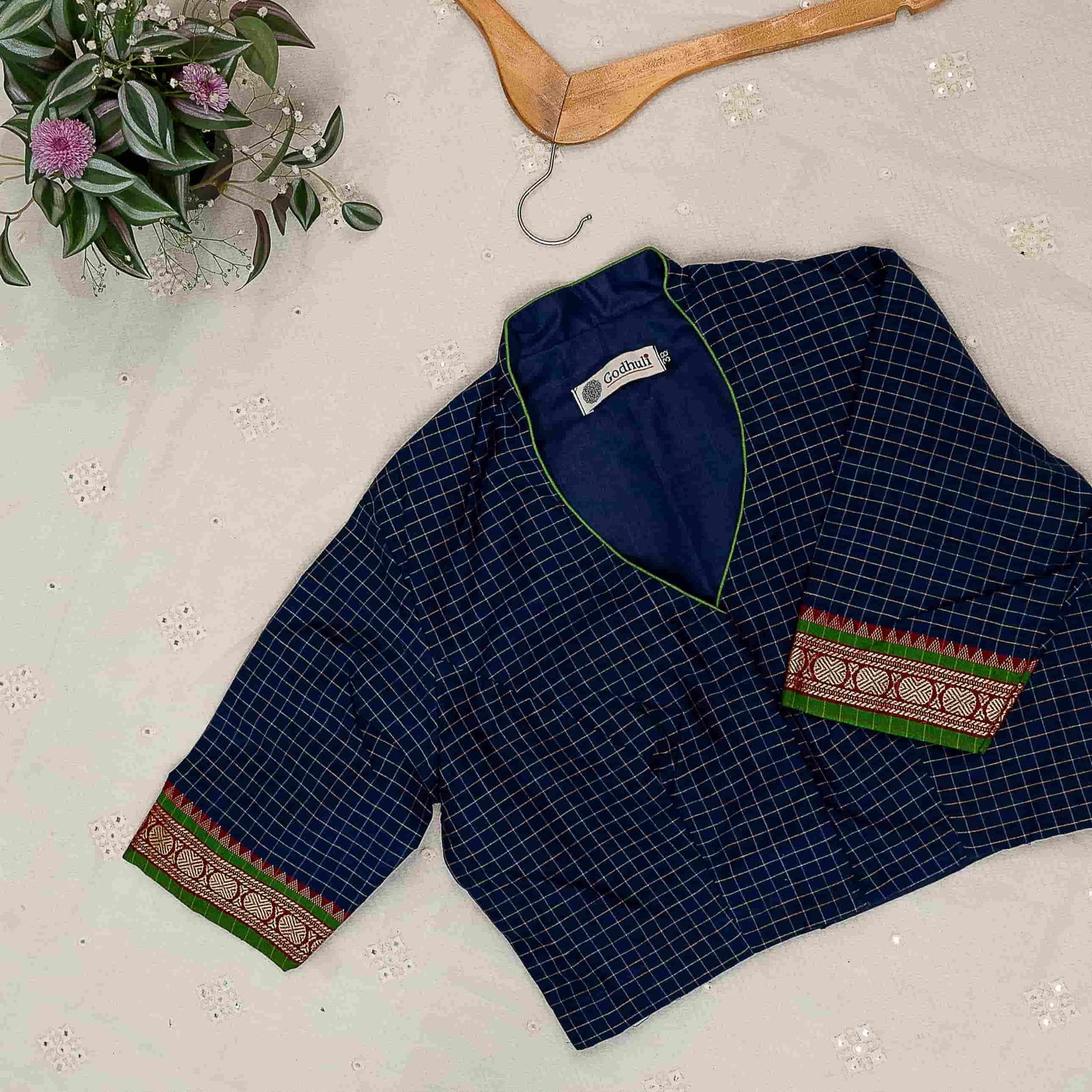 Navy Blue Two Tone Checkered Readymade Blouse | Godhuli