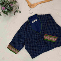 Navy Blue Two Tone Checkered Readymade Blouse | Godhuli