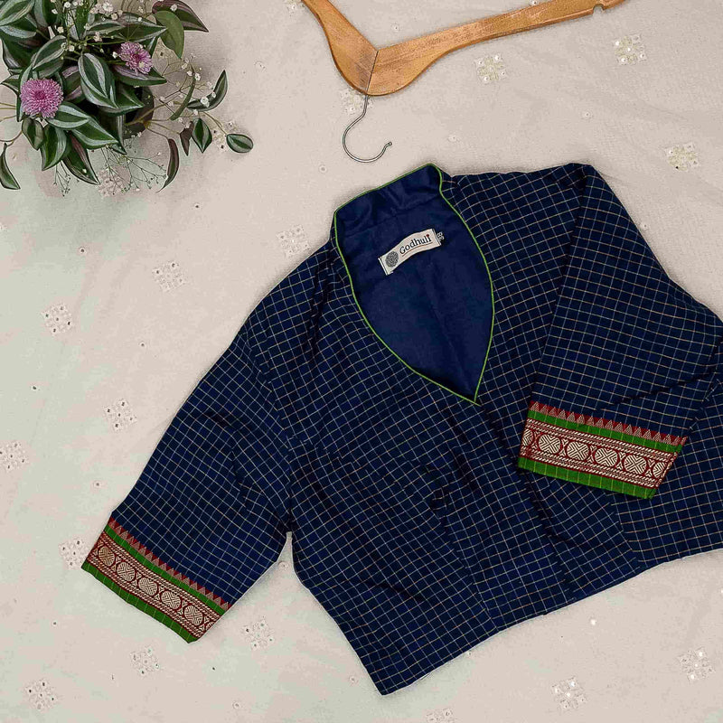 Navy Blue Two Tone Checkered Readymade Blouse | Godhuli