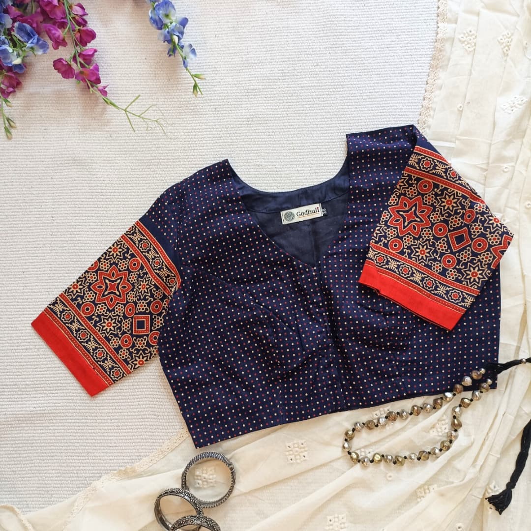 Navy Blue Orange Dotted Gamathi Readymade Blouse | Godhuli