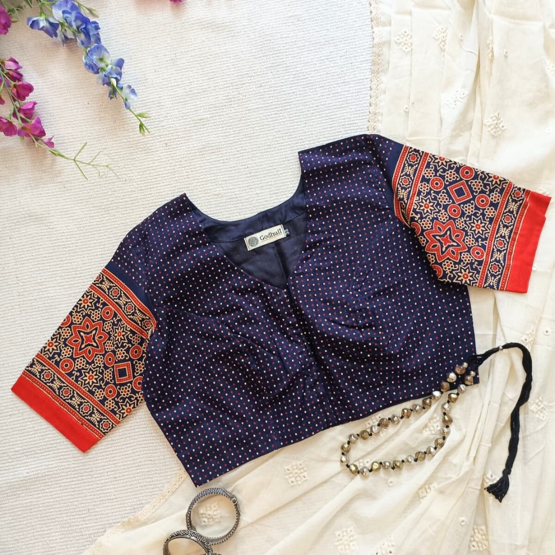 Navy Blue Orange Dotted Gamathi Readymade Blouse | Godhuli