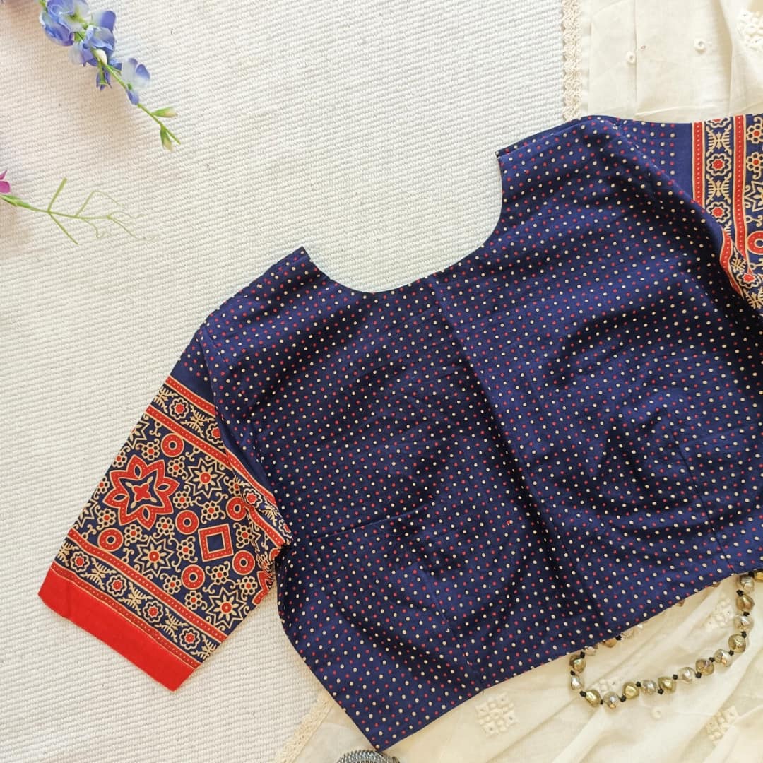 Navy Blue Orange Dotted Gamathi Readymade Blouse | Godhuli