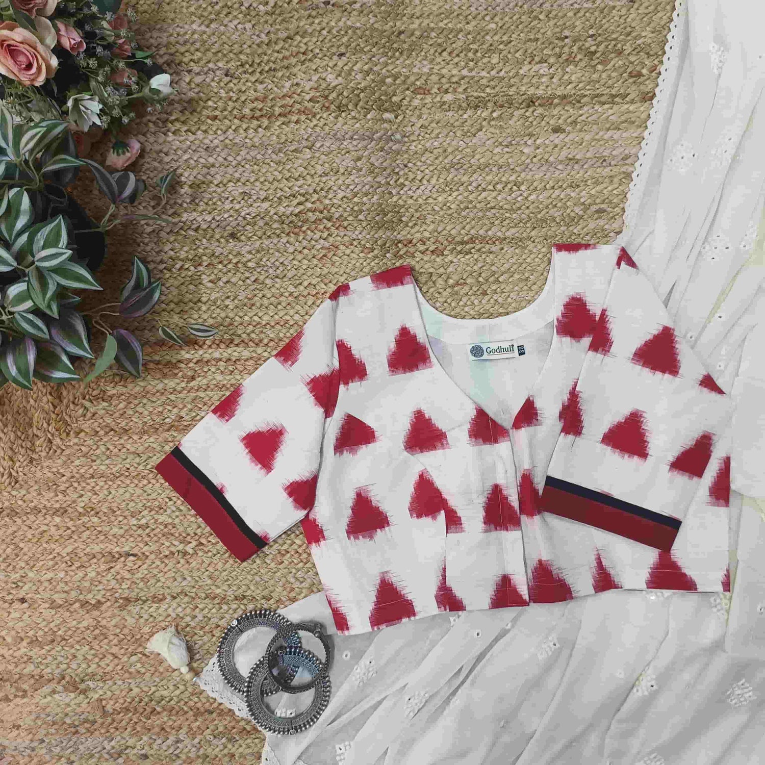 Off White-Red Ikat Readymade Blouse | Godhuli