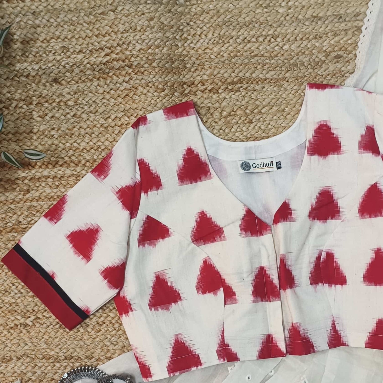 Off White-Red Ikat Readymade Blouse | Godhuli