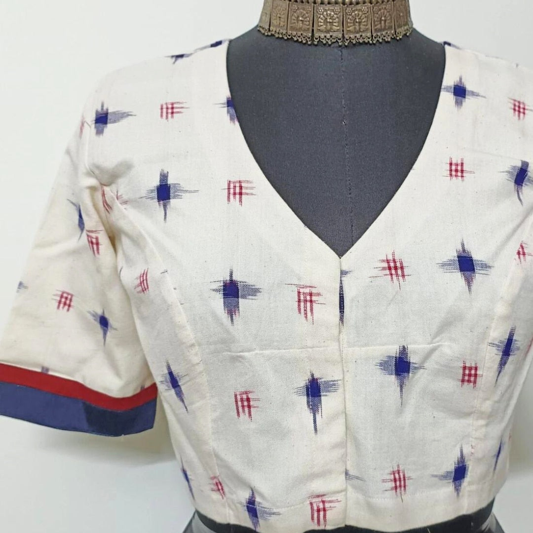 Off White Double Ikat Readymade Blouse with Blue Red Motif | Godhuli