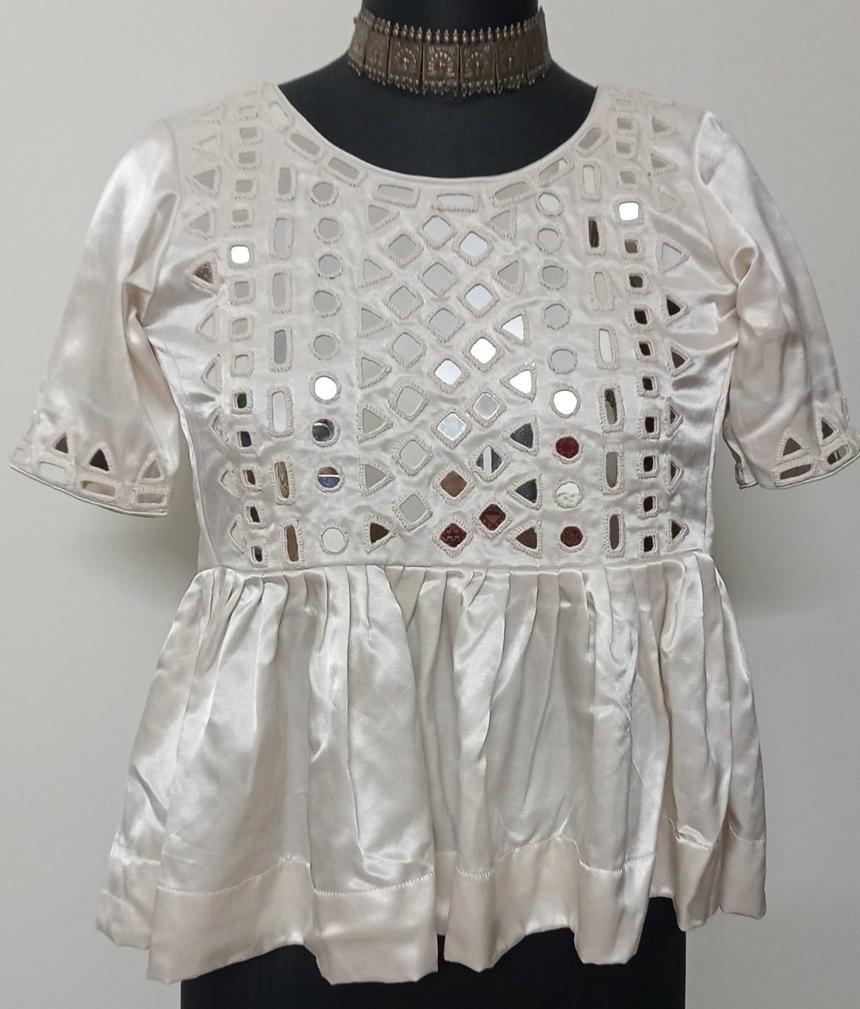 Off White Gaji Silk Peplum Mirrorwork Readymade Kurti | Godhuli