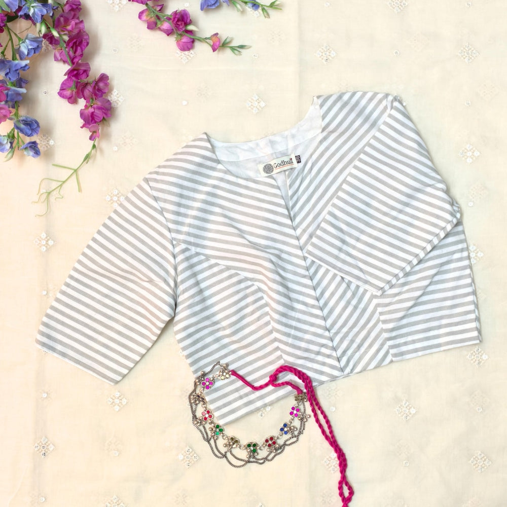 Olive white Oxford Stripes Readymade Blouse | Godhuli