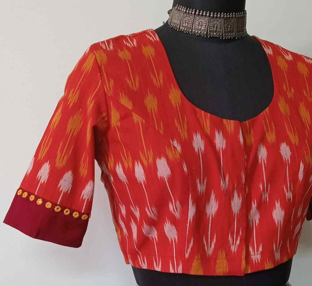 Orange Ikat Readymade Blouse with Maroon Border Sleeves | Godhuli