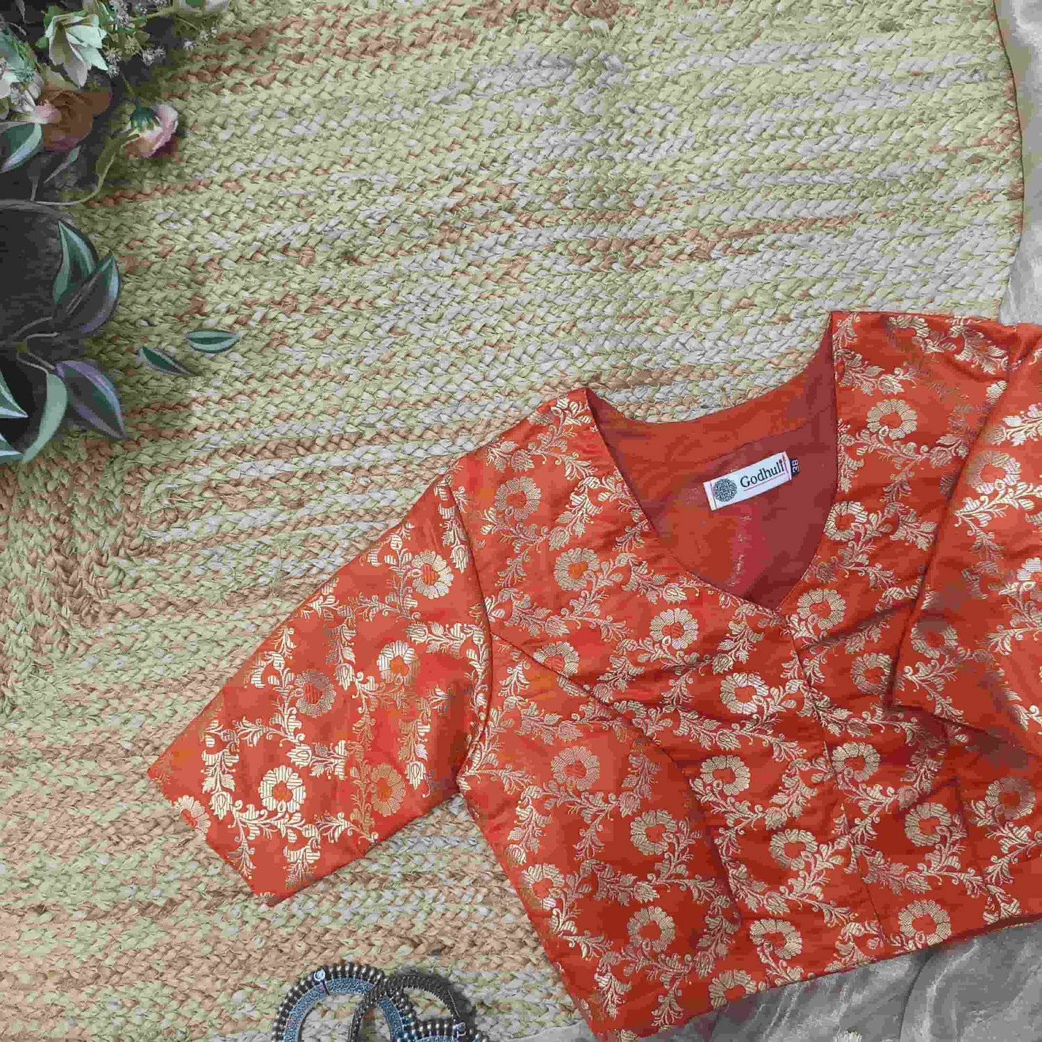 Orange Banarasi Brocade Readymade Blouse | Godhuli