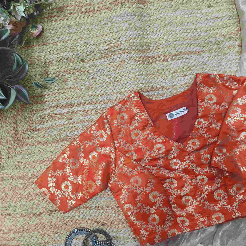 Orange Banarasi Brocade Readymade Blouse | Godhuli