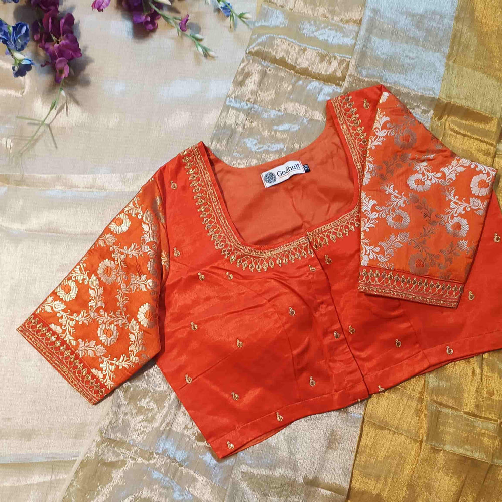 Orange Gaji Silk Brocade Sleeves Aari Work Readymade Blouse | Godhuli