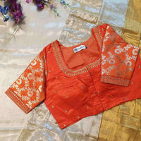 Orange Gaji Silk Brocade Sleeves Aari Work Readymade Blouse | Godhuli