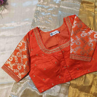 Orange Gaji Silk Brocade Sleeves Aari Work Readymade Blouse | Godhuli