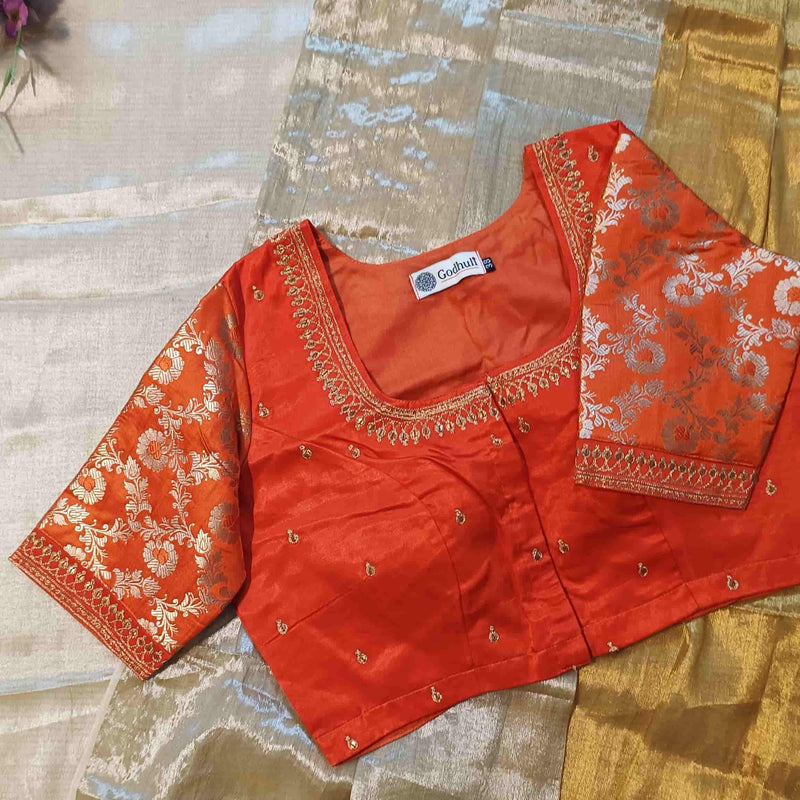 Orange Gaji Silk Brocade Sleeves Aari Work Readymade Blouse | Godhuli