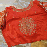 Orange Gaji Silk Brocade Sleeves Aari Work Readymade Blouse | Godhuli