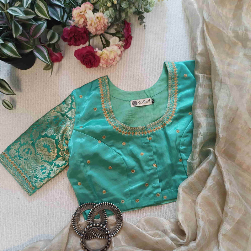 Pista Green Silk Brocade Sleeves Aari Work Readymade Blouse | Godhuli