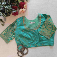 Pista Green Silk Brocade Sleeves Aari Work Readymade Blouse | Godhuli