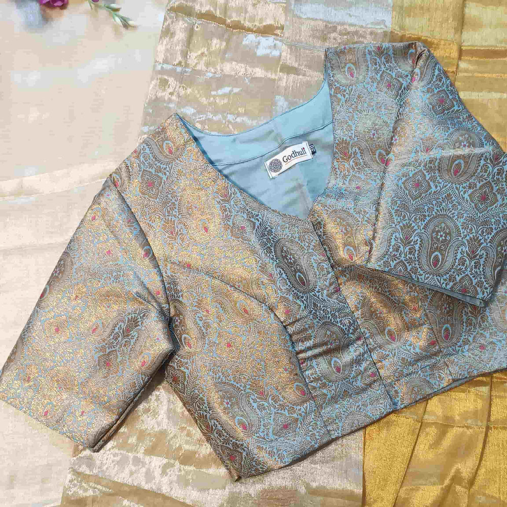 Powder Blue Banarasi Brocade Readymade Blouse | Godhuli