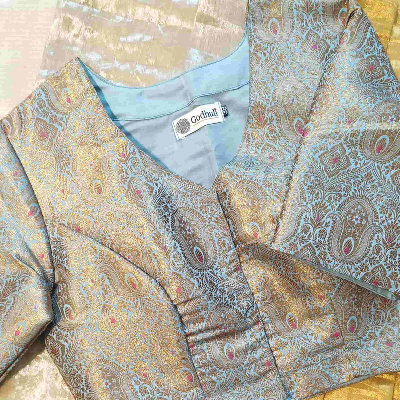 Powder Blue Banarasi Brocade Readymade Blouse | Godhuli