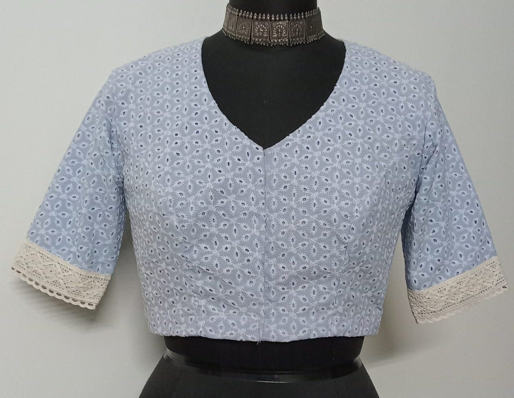 Powder Blue Cut Work Embroidered Readymade Blouse | Godhuli