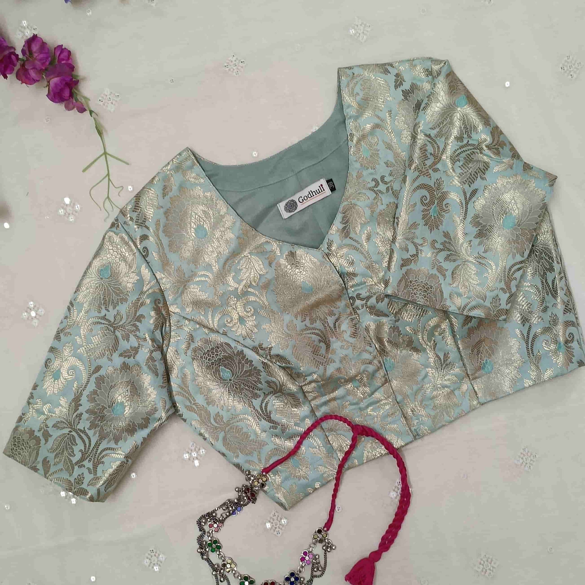 Powder Blue Jaal Banarasi Brocade Readymade Blouse | Godhuli