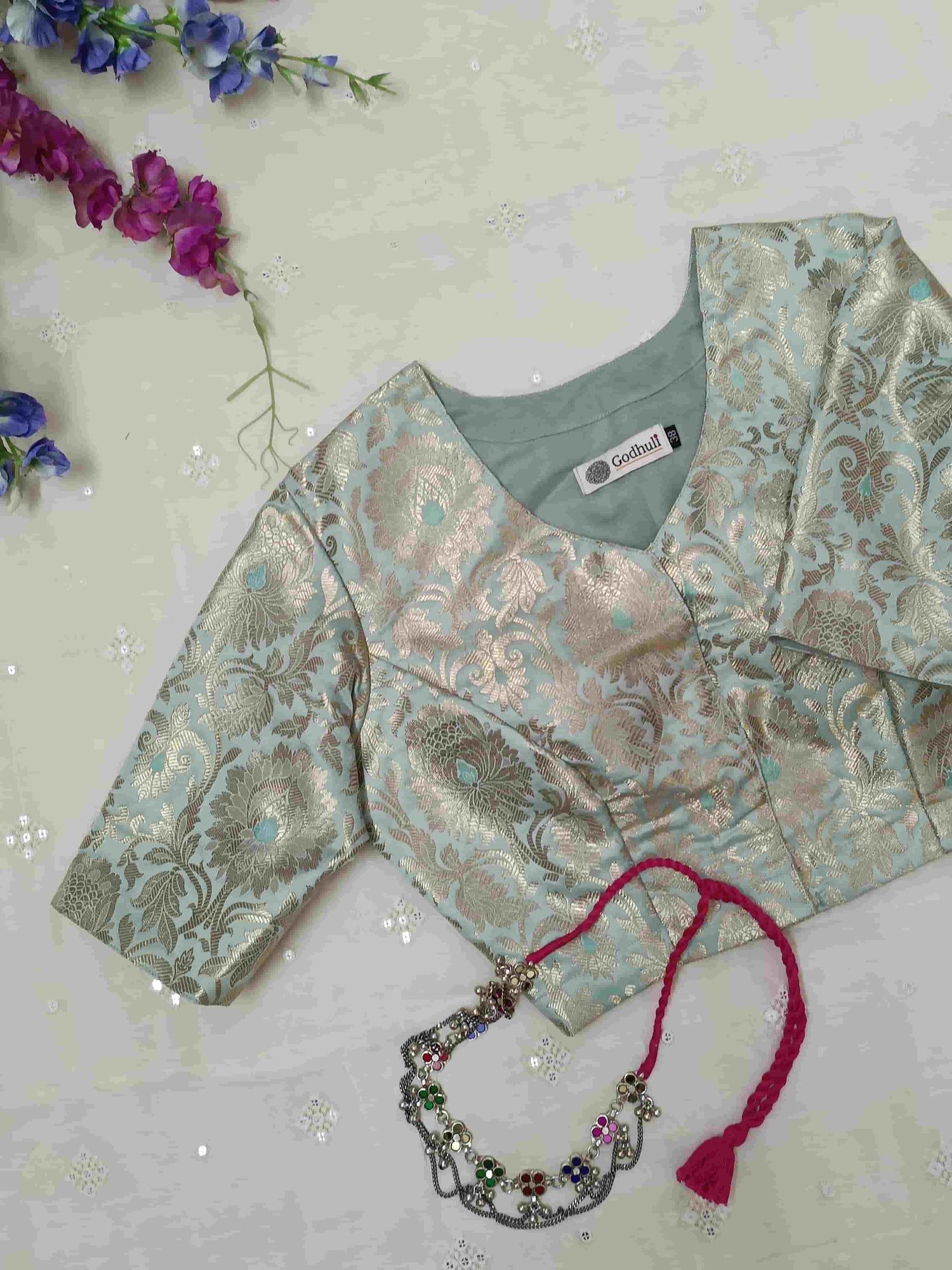Powder Blue Jaal Banarasi Brocade Readymade Blouse | Godhuli