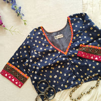 Prussian Blue Grey Bandhani Readymade Blouse with Mirror Work | Godhuli